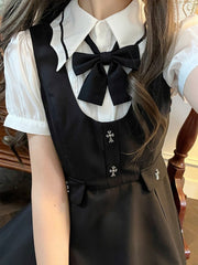 Jirai Kei Set - White Puff Sleeves Blouse + Black Cross Lace Trim Overall Dress
