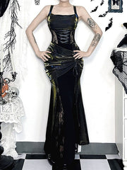 Halloween Gothic Black Slip Mermaid Dress with Metallic Satin & Crisscross Lacing