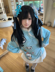 Cheongsam Style Blue Polka Dot Coat: White Plush Trim & Traditional Frog Closures