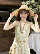 Tassel Hem Shell Charm Green Slim-fitting Cami Top