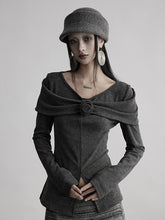 Urban Goth Light Gray Floral Accent V-Neck Knit Long-Sleeve Top with Slit Design