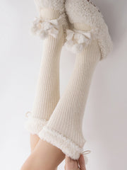 White/Black/Red Sherpa Cuffs Pompons Stockings