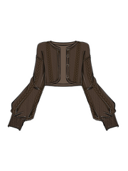 Plus Size Preppy Brown Round Neck Knit Cardigan with Button-Down Front