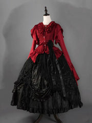 Wine Red Gothic Lolita Cascading Ruffle Tail Shirt + Black Boned High Waist Skirt