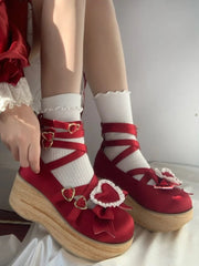Wine Red Sweet Lolita Mary Janes - 6.5cm Wood Bottom with Convertible Heart Decor