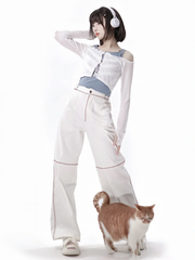 White Straight-leg Cut Plush Bone Charm Waist Pants