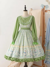 Kitty and Floral Print Green Sweet Lolita Long Sleeves Spring Dress