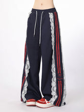 White/Black/Blue Wide-Leg Pants with Lace Trim and Bow Embroidery