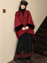 Red New Year Cape Coat - Tassel Embellished Button Placket & Plush Sleeve Cuffs