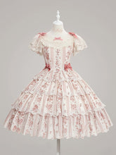 Pink&Beige Floraland Stripe Print Lace Tiered Ruffle Elegant Classic Lolita Dresswith Bow Accents