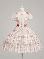 Pink&Beige Floraland Stripe Print Lace Tiered Ruffle Elegant Classic Lolita Dresswith Bow Accents