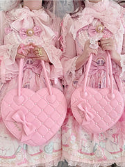 Heart-shaped Design, Ornate Bead Detailing & Elegant Bow PU Deep Pink Lolita 3-Way Bag - Mid/Large Version
