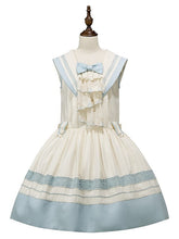 Milk White Sailor Collar Lolita Dress with Light Blue Trims and Lace Bow Accent
