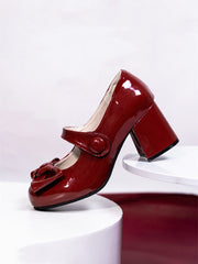 Wine Red Nana High Block Heel Bow at Top Mary Janes