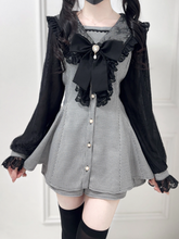 Jirai Kei Black Houndstooth Sailor Set: Mesh Sleeves Mini Dress , Shorts & Detachable Bow