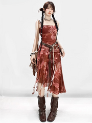 Wine Red Asymmetrical Hem Dragon Print Glamorous Spaghetti Strap Dress