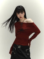 Wine Red Asymmetrical Neckline Spider Print Glamorous Slim-fitting Top