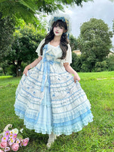 Short Version Blue & White Floral Print Layered Ruffles Elegant Classic Lolita Dress