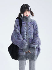 Loose Gray & Purple Striped Mohair Knit Sweater with Ribbed Cuffs & Lockstitch Detailing