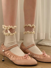 Milk White/Black Ruffled Cuff Bowknot Details Summer Socks
