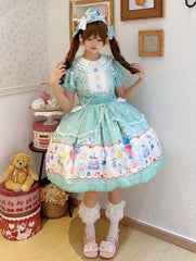 Lamb and Bunny Print Green Short Sleeves Sweet Lolita Peter Pan Collar Dress