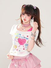 Decora Kei White Round Neck Glamorous Graphic T-Shirt