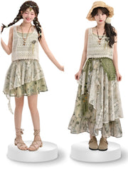 Tie Dye Lace Patchwork Design Green Mori Kei Skirt Long/Short Version