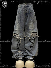 Y2K Wasteland Blue Straight-Leg Jeans with Distressed Holes and Graphic Print
