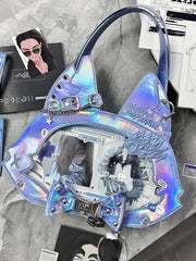 Kitty Ear Design Bowknot Studs Detail Blue PU Tote Bag Ita Bag with Free Card Holder