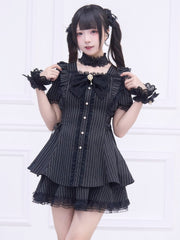 Jirai Kei Style Black Striped Full Set: Cutout Shoulder Dress with Adjustable Side Lace-up and Matching Skirt