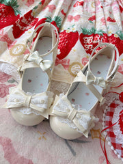 Yellow Sweet Lolita Mary Janes - Mid-heel Design with Lace Trim, Bow & Practical Heart Buckle Snap