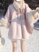 Sweet Pink Wool Cape Coat with Detachable Self-tie Shaggy Collar
