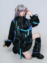 Anime-Inspired Techwear Hooded Jacket in Blue & Purple Gradient with Utility Straps for Cyberpunk Gaming Fashion