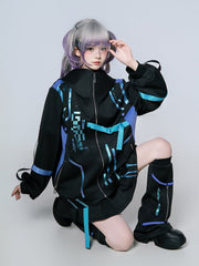 Anime-Inspired Techwear Hooded Jacket in Blue & Purple Gradient with Utility Straps for Cyberpunk Gaming Fashion