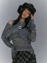 Y2K Gray Skeleton Pattern Distressed Holes Tank Top with Cardigan Glamorous Set