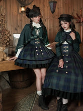 Preppy Style Green Plaid Pattern Lolita Set - Short Version JSK + Shirt + Witch Hooded Cape