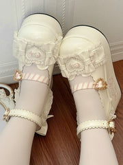 White Sweet Lolita Teddy Bear Themed Platforms with Scalloped Hem, Bow Accents & Heart Snap