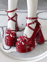 Wine Red Lace Trim Bow at Top Heart Buckles Crisscross Design Platform High Block Heels