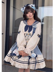 Blue & White Sailor Collar Lolita Coat with Bow Detail