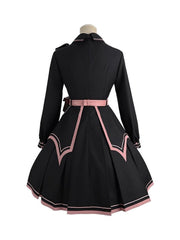 Black and Pink V-neck Ruffled Military Lolita Dress with Belt Design and Buttons Details