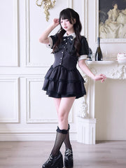 Jirai Kei Black Striped Set- Faux Two-pieces Dress Layered Skirt & Lace Trim and Shorts