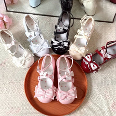 Yellow Sweet Lolita Mary Janes - Mid-heel Design with Lace Trim, Bow & Practical Heart Buckle Snap