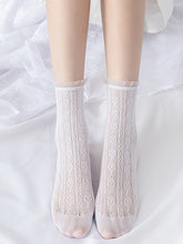 White/Milk White/Black Sweetheart Pattern Ruffled Cuff Calf Socks