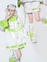 White Elastic Waist Shorts with Green Tech Snap Straps & Wing Embroidery