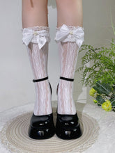 White Semi-sheer Bow and Heart Lace Trim Calf Socks