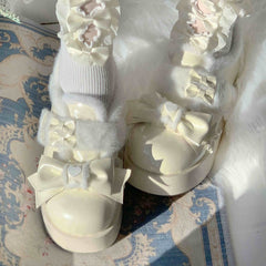 Platform Creamy White Sweet Lolita Shoes in PU - Romantic Heart Decor, Bow Details & Cozy Fleece Lining