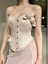 Nude Pink Vintage Bustier Flowers Decoration Satin Boned Corset Top