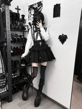 White Shirt + Black Jirai Kei Cross Bow Lace Tulle Skirt Set