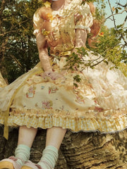 Yellow Bunny and Sunflower Print Puff Sleeves Sweet Lolita Dress with Overlay and Plaid Hem