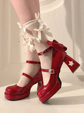 Wine Red Starry Night Platform Mary Jane Shoes - Y2K with Moon & Star Buckles and Decorative Back Bow